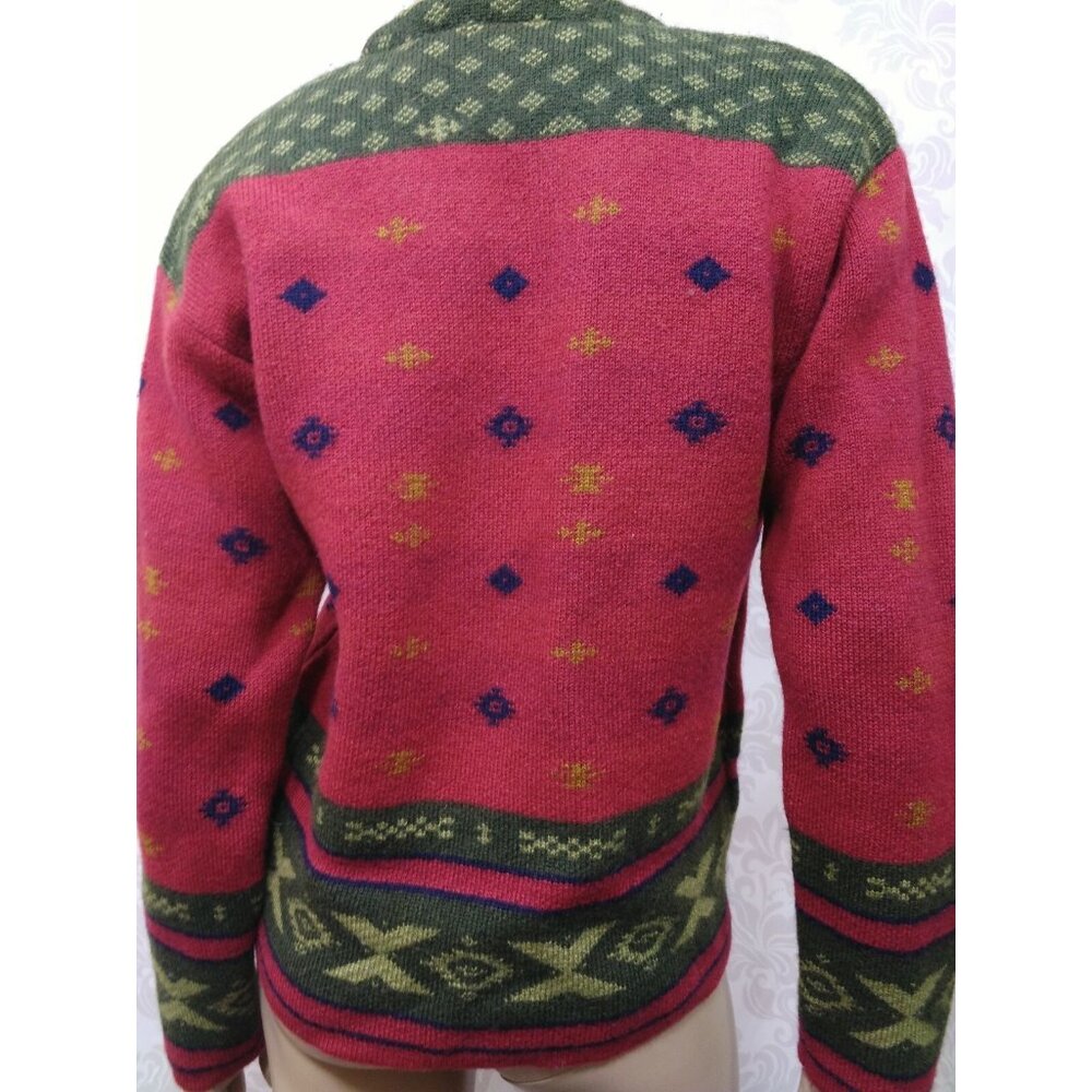 Vintage 90s Aztec Wool Cardigan Sweater Womens M Red Green Button Front - Picture 9 of 12